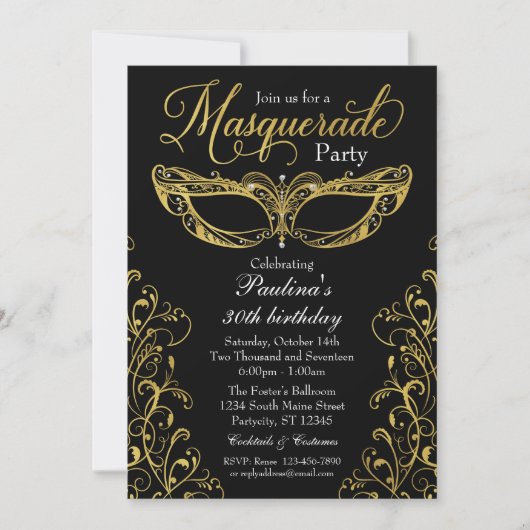 ブラックアンド金ゴールドマスカレードマスクパーティの招待状 招待状 (正面)
