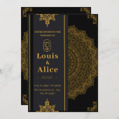 ブラックアンド金ゴールドラグジュアリー結婚式招待状 招待状 (正面/裏面)