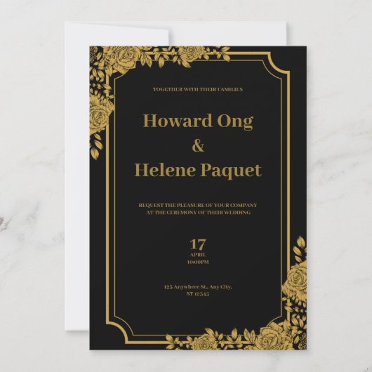 ブラックアンド金ゴールドラグジュアリー結婚式招待状 招待状 (正面)