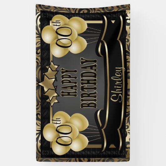 ブラックアンド金ゴールド抽象芸術ハッピー00th誕生日 横断幕 (縦)