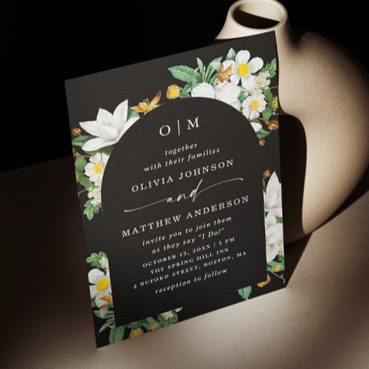 ブラックアーチの結婚式。優雅な花の開花 + QRコード 招待状