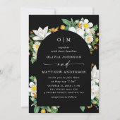 ブラックアーチの結婚式。優雅な花の開花 + QRコード 招待状 (正面)