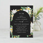 ブラックアーチの結婚式。優雅な花の開花 + QRコード 招待状 (スタンド正面)