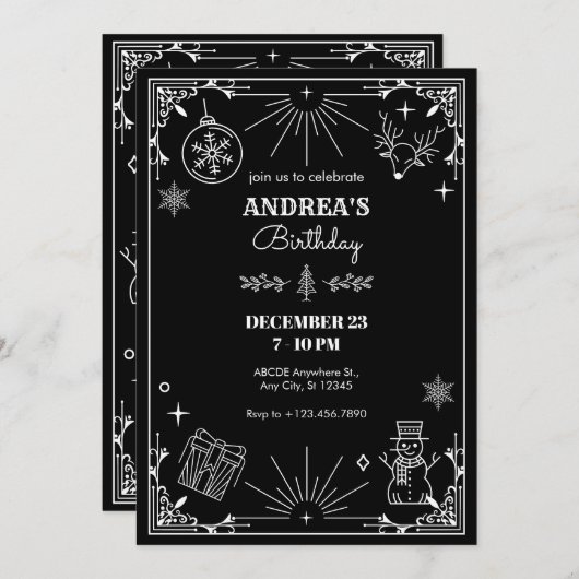 ブラックアートデコのクリスマスオーナメント 招待状 (正面/裏面)
