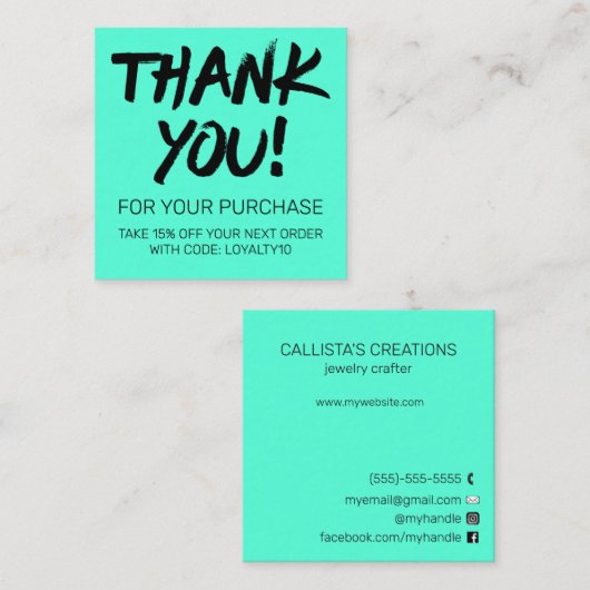 ブラックアートネオンミントカスタマー割引あり スクエア名刺 (正面/裏面)