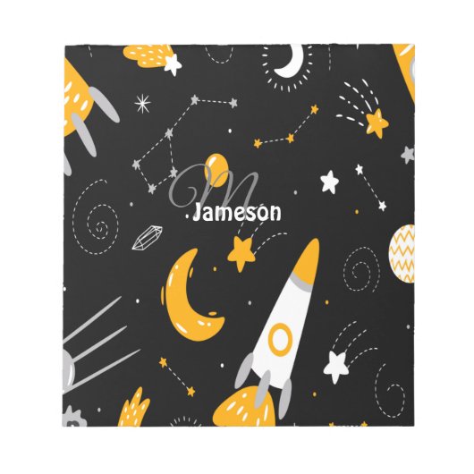 ブラックイエローアウタスペース銀河系ロケットメモ帳 ノートパッド (正面)