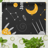 ブラックイエローアウタースペーススタームーンロケット キッチンタオル (折り畳み)