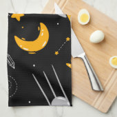 ブラックイエローアウタースペーススタームーンロケット キッチンタオル (四つ折り)