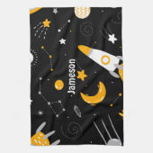 ブラックイエローアウタースペーススタームーンロケット キッチンタオル (縦)
