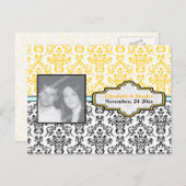 ブラックイエローアクアダマスク結婚式の日付を保存 案内ポストカード (正面/裏面)
