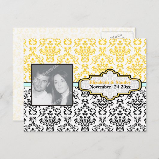 ブラックイエローアクアダマスク結婚式の日付を保存 案内ポストカード (正面/裏面)
