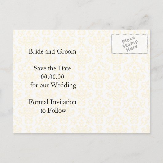 ブラックイエローアクアダマスク結婚式の日付を保存 案内ポストカード (裏面)