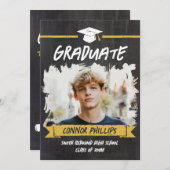 ブラックイエロークールチョーク写真卒業パーティー 招待状 (正面/裏面)