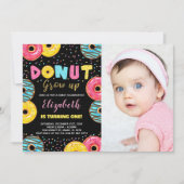 ブラックイエローグリーンフォトドーナツ誕生日 招待状 (正面)