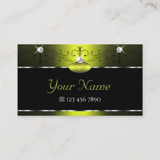 ブラックイエロースクイグルスきらめくダイアモンモノグラム 名刺 (正面)
