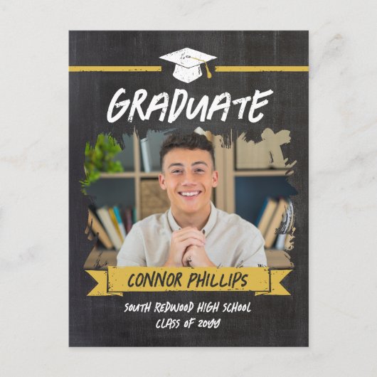 ブラックイエローチクールャックボード写真卒業 案内ポストカード (正面)