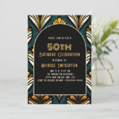 ブラックイエローティール(緑がかった色)アールデコアーチ50誕生日 招待状 (スタンド正面)