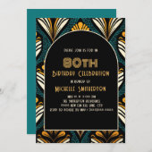 ブラックイエローティール(緑がかった色)アールデコアーチ80誕生日 招待状 (正面/裏面)