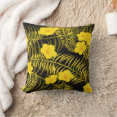 ブラックイエローパームリーフとハイビスカスの花 クッション (ブランケット)