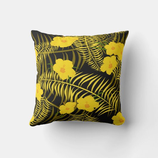 ブラックイエローパームリーフとハイビスカスの花 クッション (裏面)
