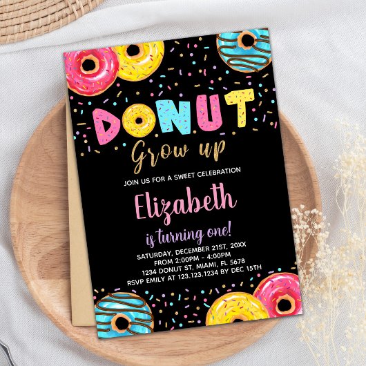 ブラックイエローピンクグリーンドーナツ誕生日招待状 招待状