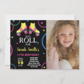 ブラックイエローピンクスケートで滑る誕生日(写真あり) 招待状 (正面)