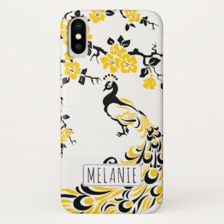 ブラックイエローピーコック&さくらんぼの花アールヌーボー iPhone X ケース