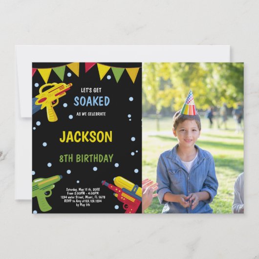 ブラックイエローフォトウォーターガン招待状 招待状 (正面)