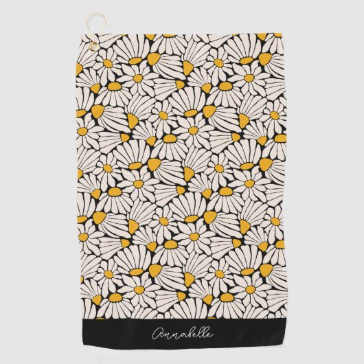 ブラックイエローフローラマチスブロックプリント ゴルフタオル (正面)