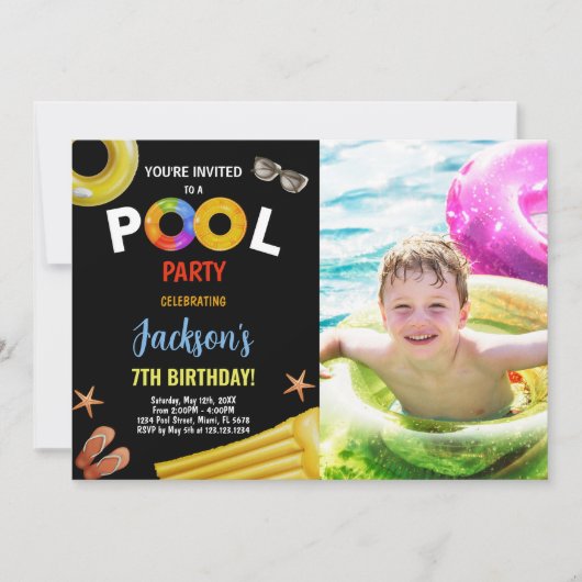 ブラックイエローブルーフォトプール誕生日招待状 招待状 (正面)