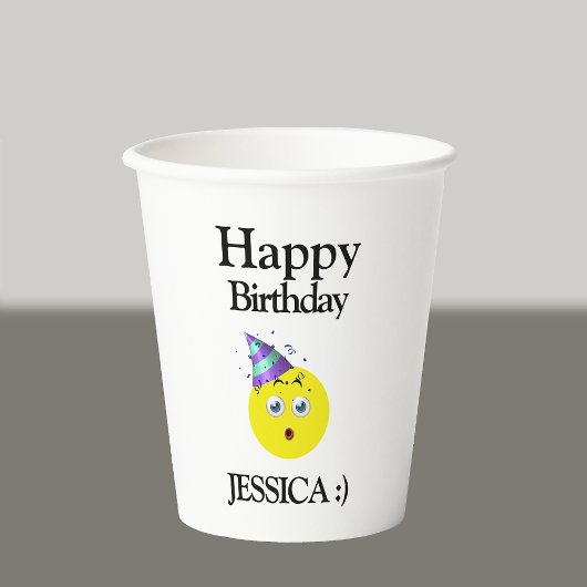 ブラックイエローホワイトハッピーバースデー絵文字 紙コップ