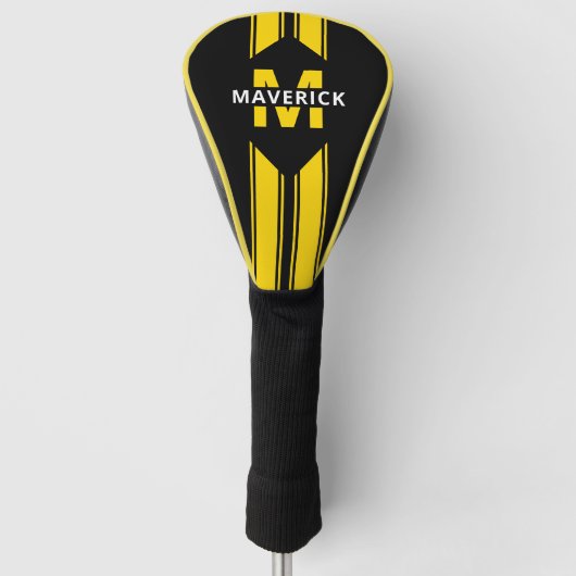 ブラックイエローモノグラムと名前 ゴルフヘッドカバー (正面)