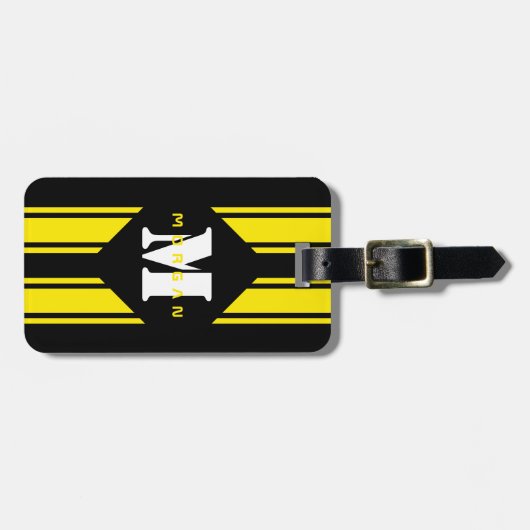 ブラックイエローレーシングストライプズモノグラム ラゲッジタグ (正面横)