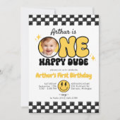 ブラックイエローワンハッピーダドフォトグルーヴィ誕生日 招待状 (正面)