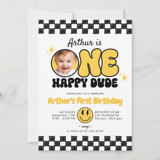 ブラックイエローワンハッピーダドフォトグルーヴィ誕生日 招待状 (正面)