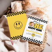 ブラックイエローワンハッピーダドフォトグルーヴィ誕生日 招待状