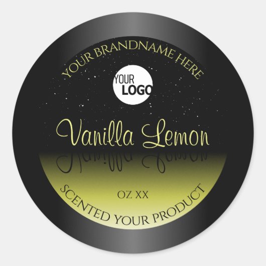 ブラックイエロー製品パッケージラベルグリッターロゴ ラウンドシール (正面)