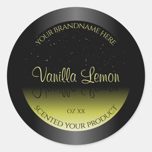 ブラックイエロー製品包装ラベルソフトグリッター ラウンドシール (正面)