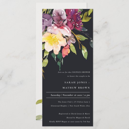 ブラックイエロー赤面ブルゴーニュフローラカップルのシャワー 招待状 (正面/裏面)