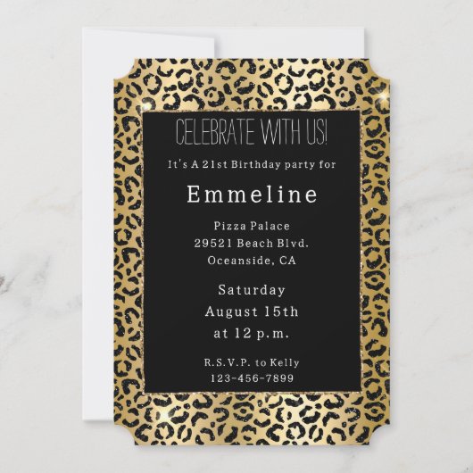 ブラックイエロー金ゴールドグリッターヒョウ 招待状 (正面)