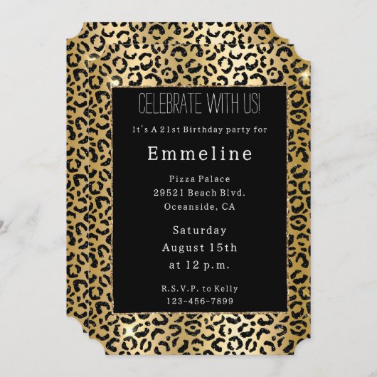 ブラックイエロー金ゴールドグリッターヒョウ 招待状 (正面/裏面)