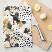ブラックイエロー金ゴールドヒョウアニマルプリント キッチンタオル (四つ折り)