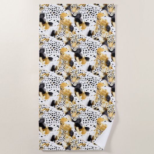 ブラックイエロー金ゴールドヒョウアニマルプリント ビーチタオル (正面)