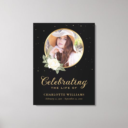 ブラックイエロー金ゴールドフローラ葬式ウェルカムサイン キャンバスプリント (正面)