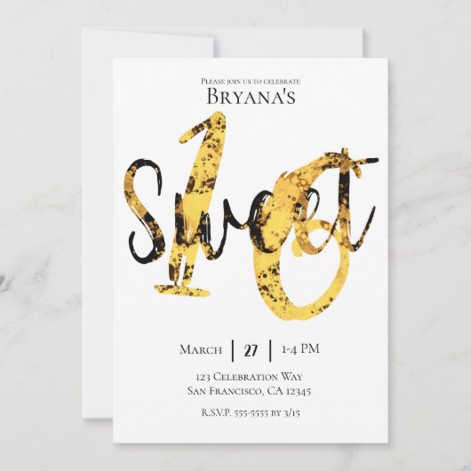 ブラックイエロー金ゴールドモダンスウィート16バースデーパーティー 招待状 (正面)