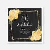 ブラックイエロー&金ゴールドフローラ50誕生日 スタンダードカクテルナプキン (正面)