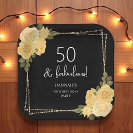 ブラックイエロー&金ゴールドフローラ50誕生日 ペーパープレート