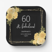 ブラックイエロー&金ゴールドフローラ60誕生日 ペーパープレート (正面)