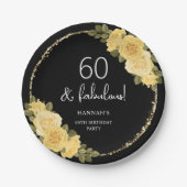 ブラックイエロー&金ゴールドフローラ60誕生日 ペーパープレート (正面)
