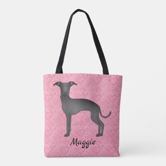 ブラックイタリアングレイハウンド可愛い犬オンピンクハート トートバッグ (裏面)